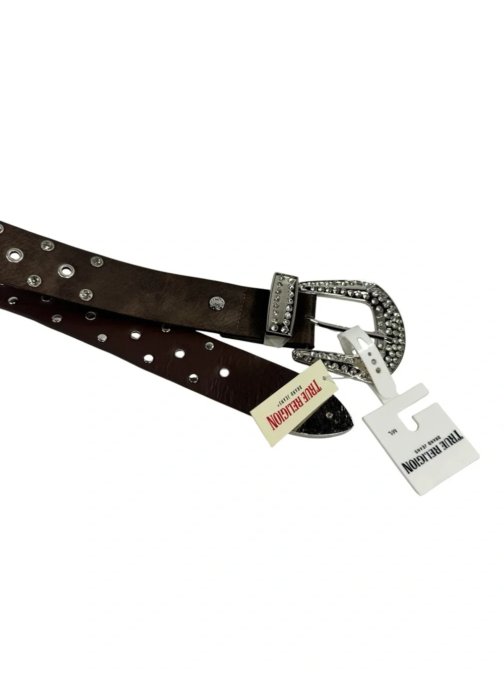 NWT True Religion Brown Crystal-Embellished Womens Leather Belt